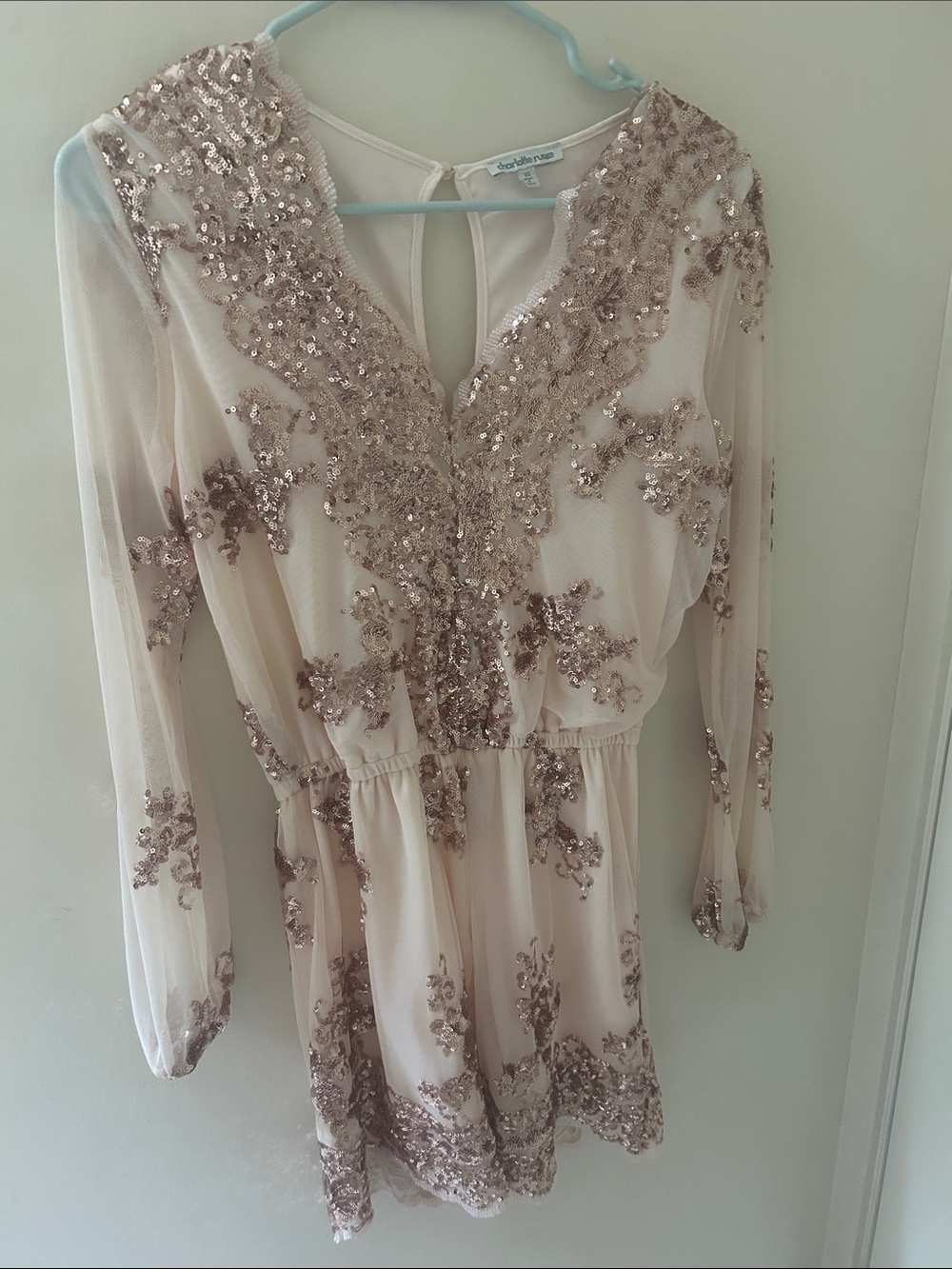 Charlotte Russe Blush Sequin Embellished Sheer Long Sleeve Romper